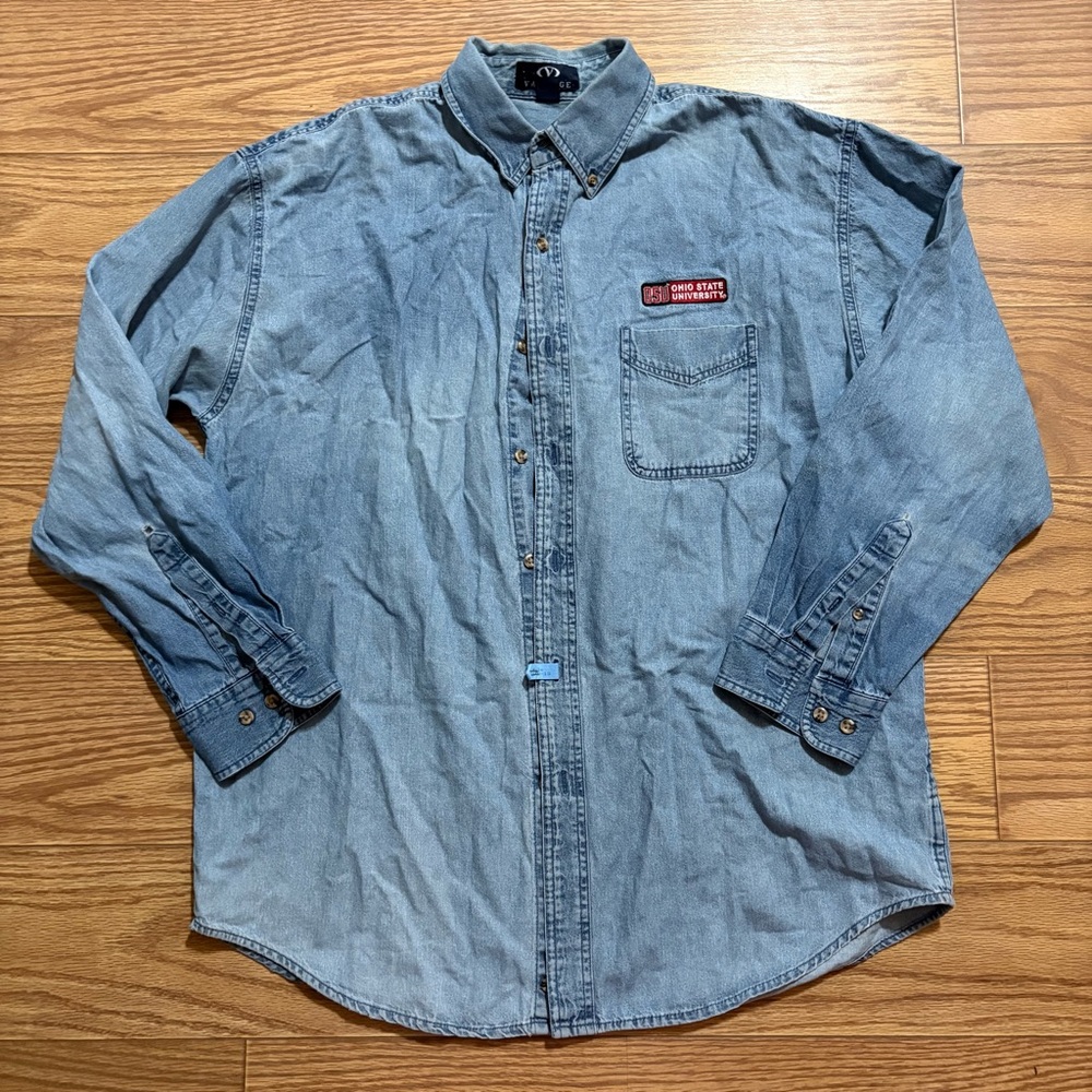 Vintage NCAA OSU Ohio State University Buckeyes Denim Button Down Shirt Large